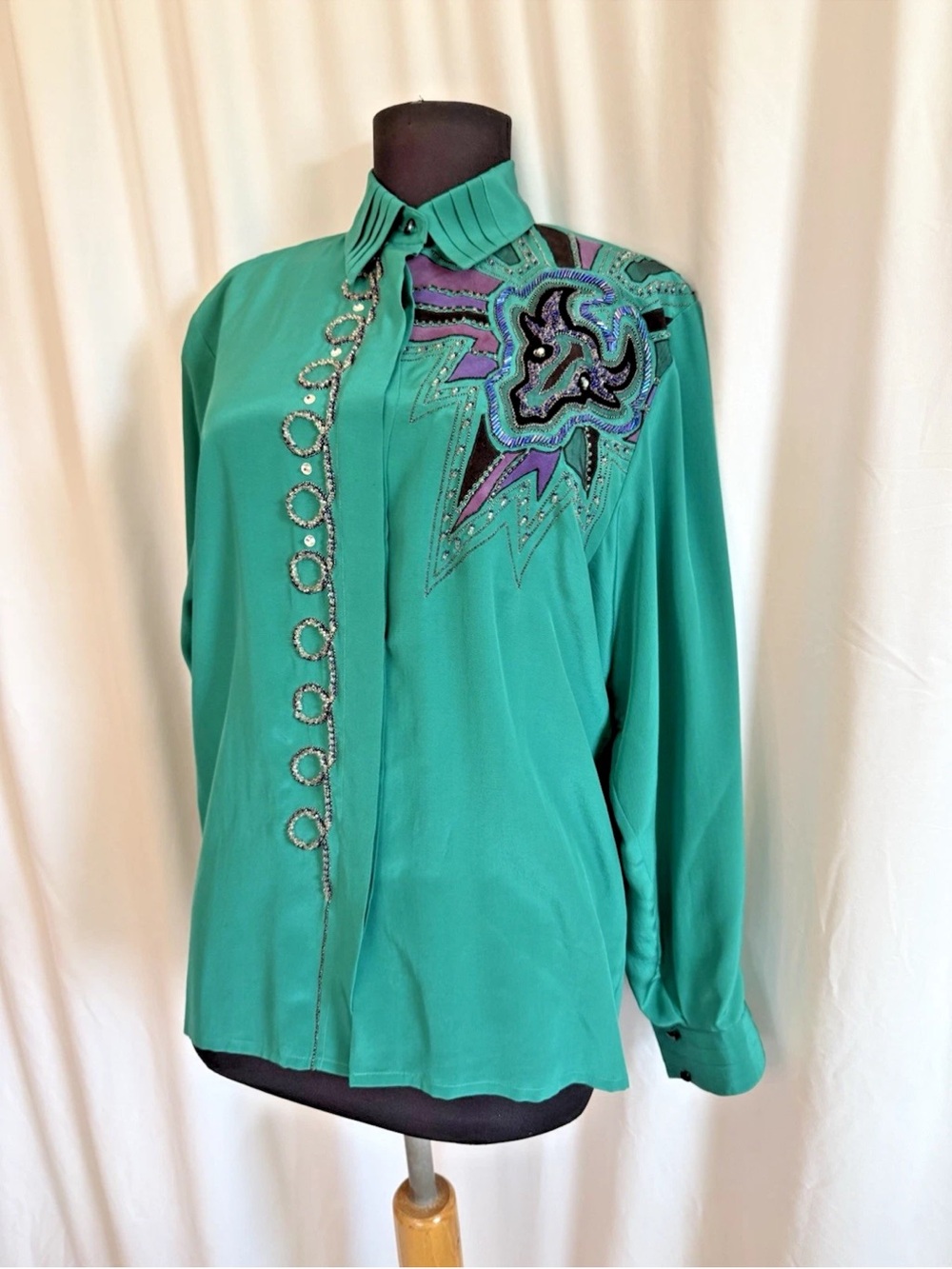 Vintage 1980s Ann Stuard Teal Beaded Western Top - Size Small